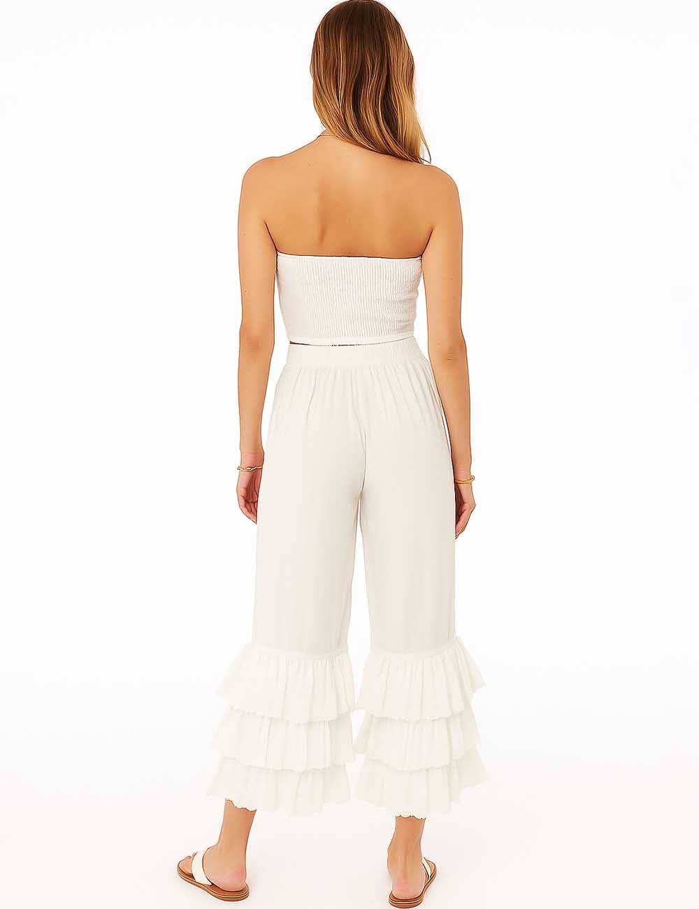Ladies Solid Color Elastic Waist Pull -On Tiered Ruffle Pants