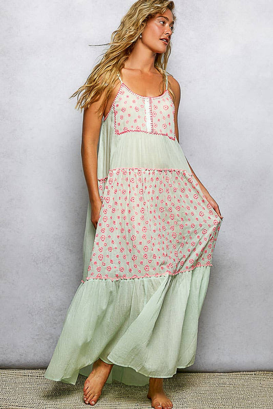 Sleeveless Shirring Embroidery Printed Woven Maxi Dress