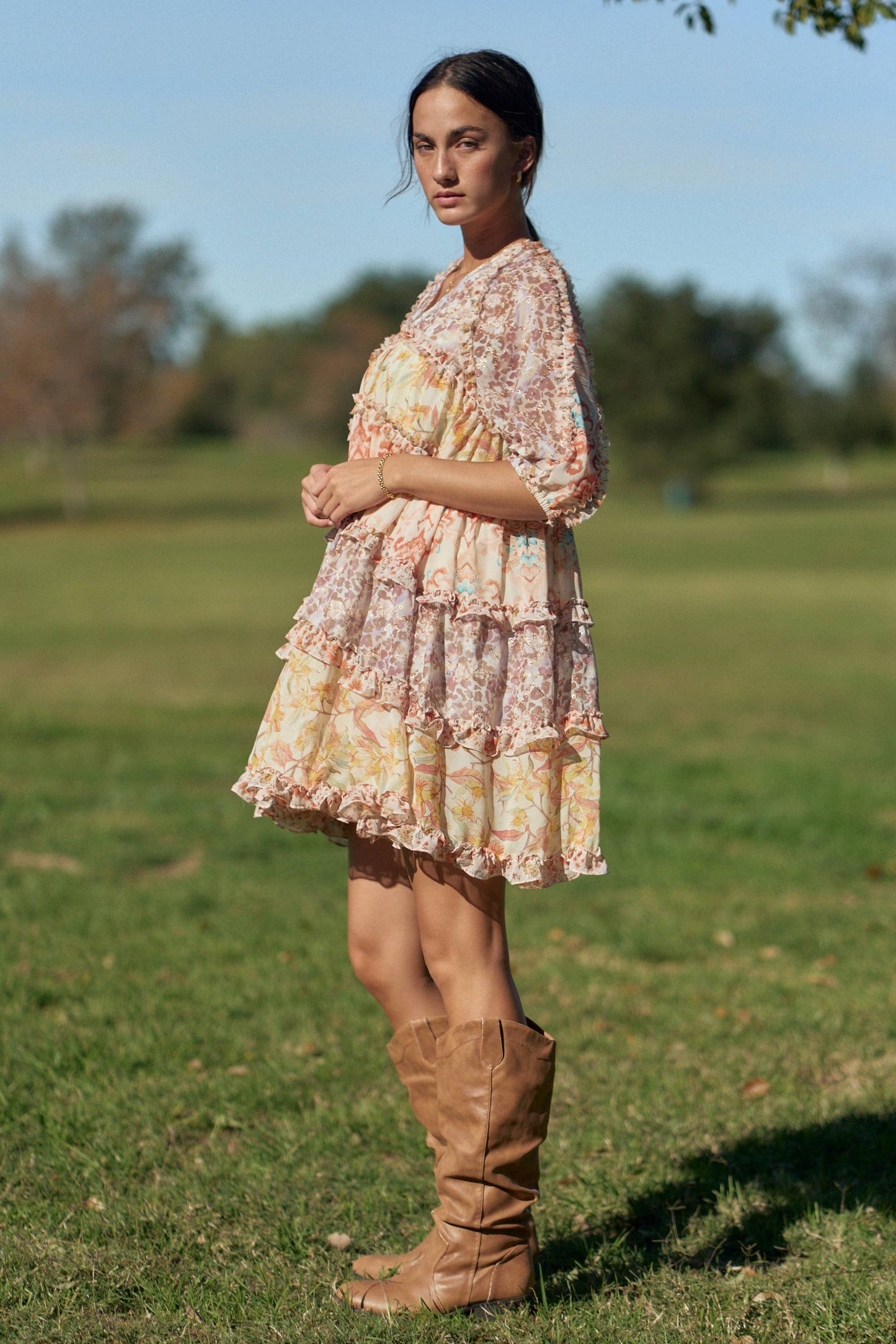 PRINTED CHIFFON MIXED RUFFLE DETAIL TIERED DRESS