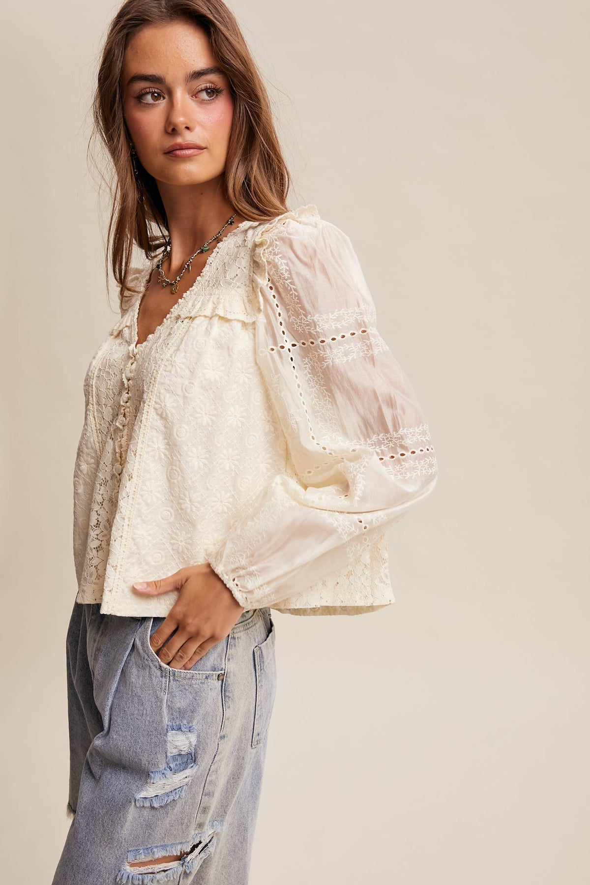Delicate Embroidered Lace Blouse LT1389