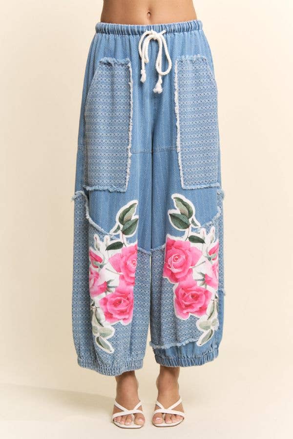 PRINTED FLOWER PATCHWORK PANTS