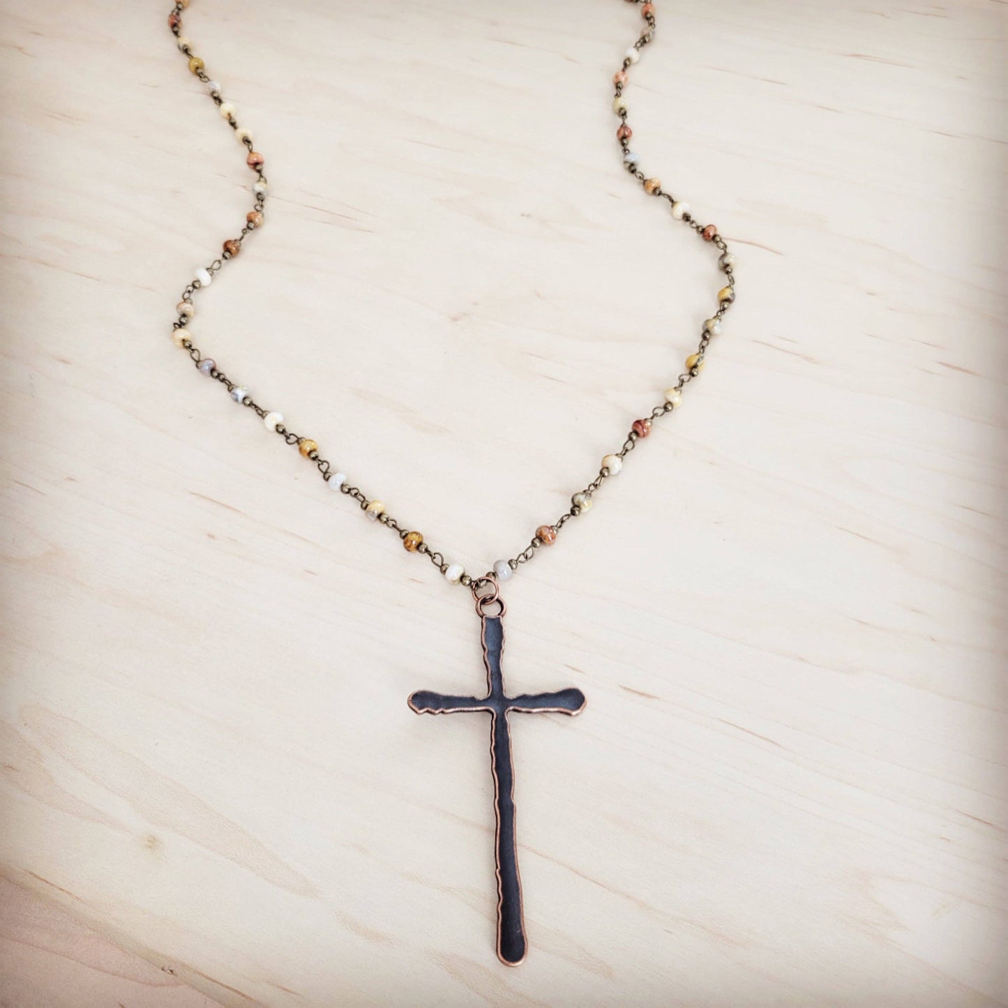 Genuine Natural Agate Long Beaded Necklace with Antique Copper Cross 262z