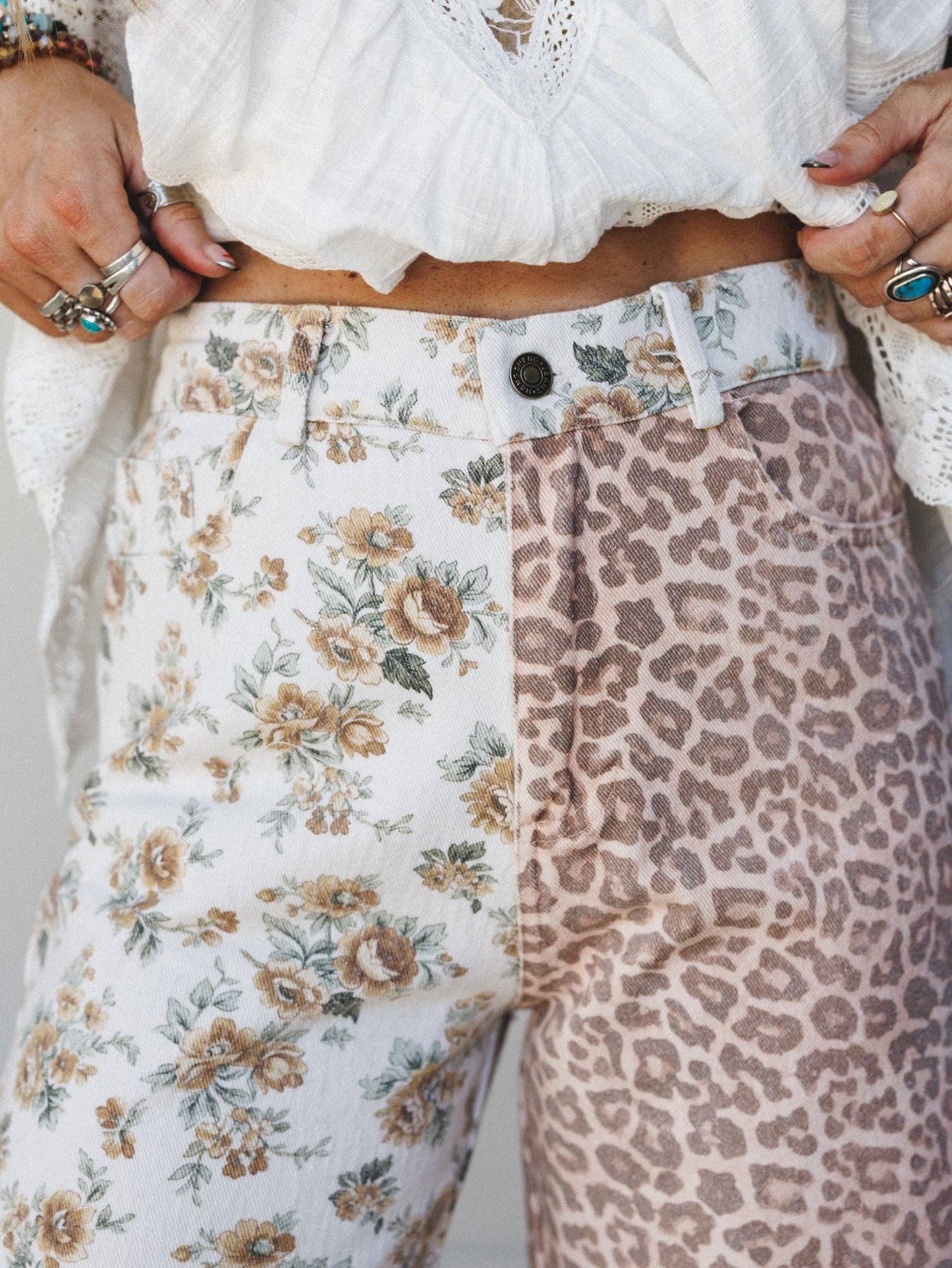 Ezra Mixed Print Wide Leg Jeans - Ivory Multi