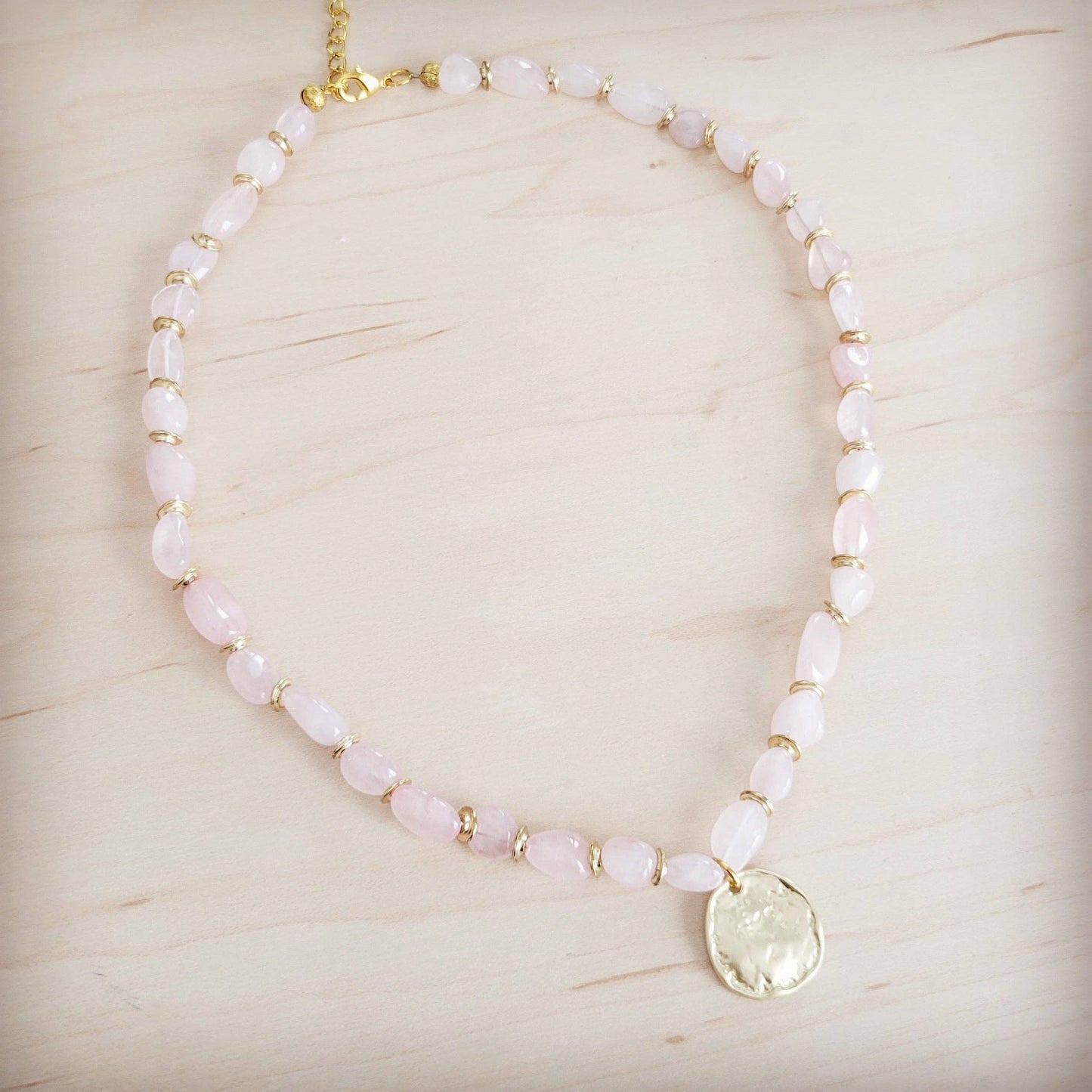 Rose Quartz Collar Necklace w/ Gold Coin Charm 263h