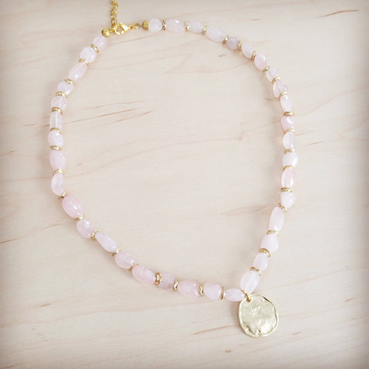 Rose Quartz Collar Necklace w/ Gold Coin Charm 263h