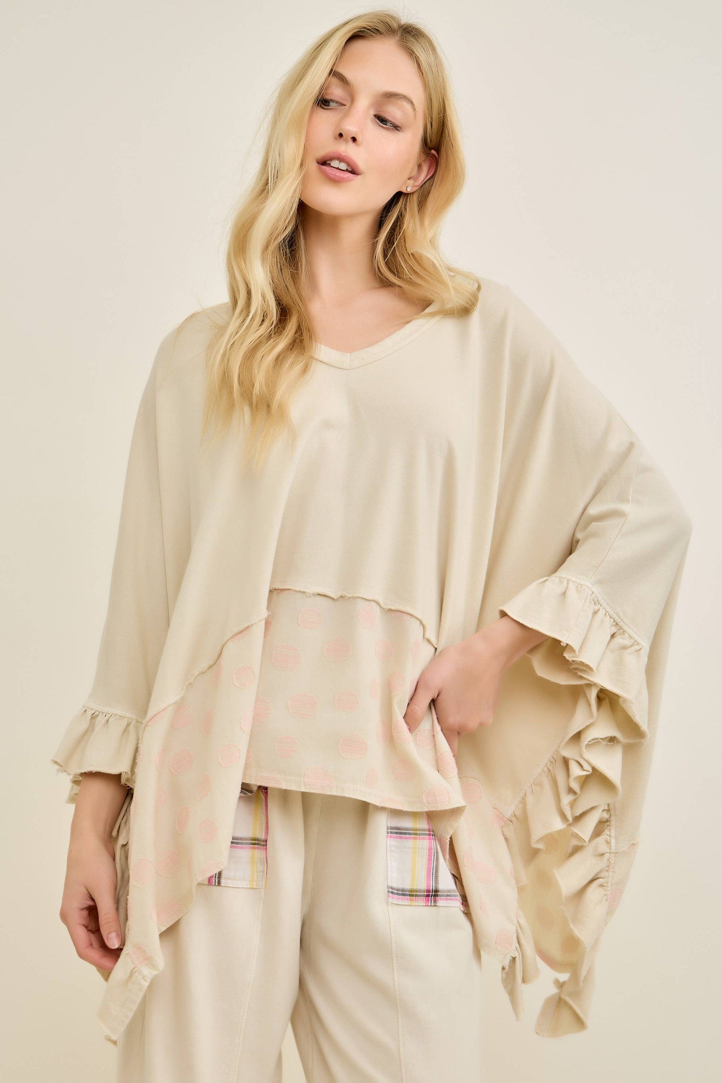 Mineral Washed Boho Polkadot Ruffle Poncho top HT7014P1