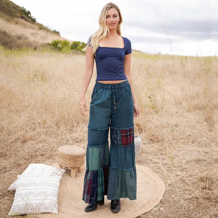 Vintage Mixed Print Denim Patchwork Pants with Frayed Hem