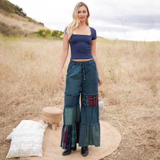 Vintage Mixed Print Denim Patchwork Pants with Frayed Hem