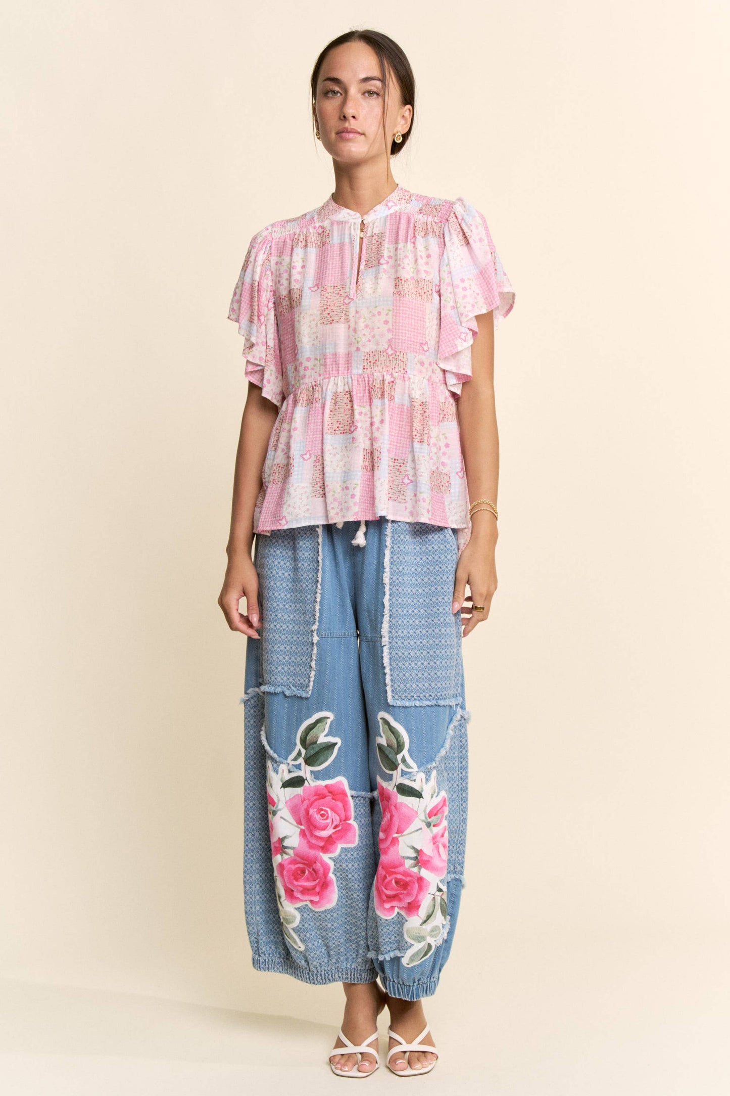 PRINTED FLOWER PATCHWORK PANTS