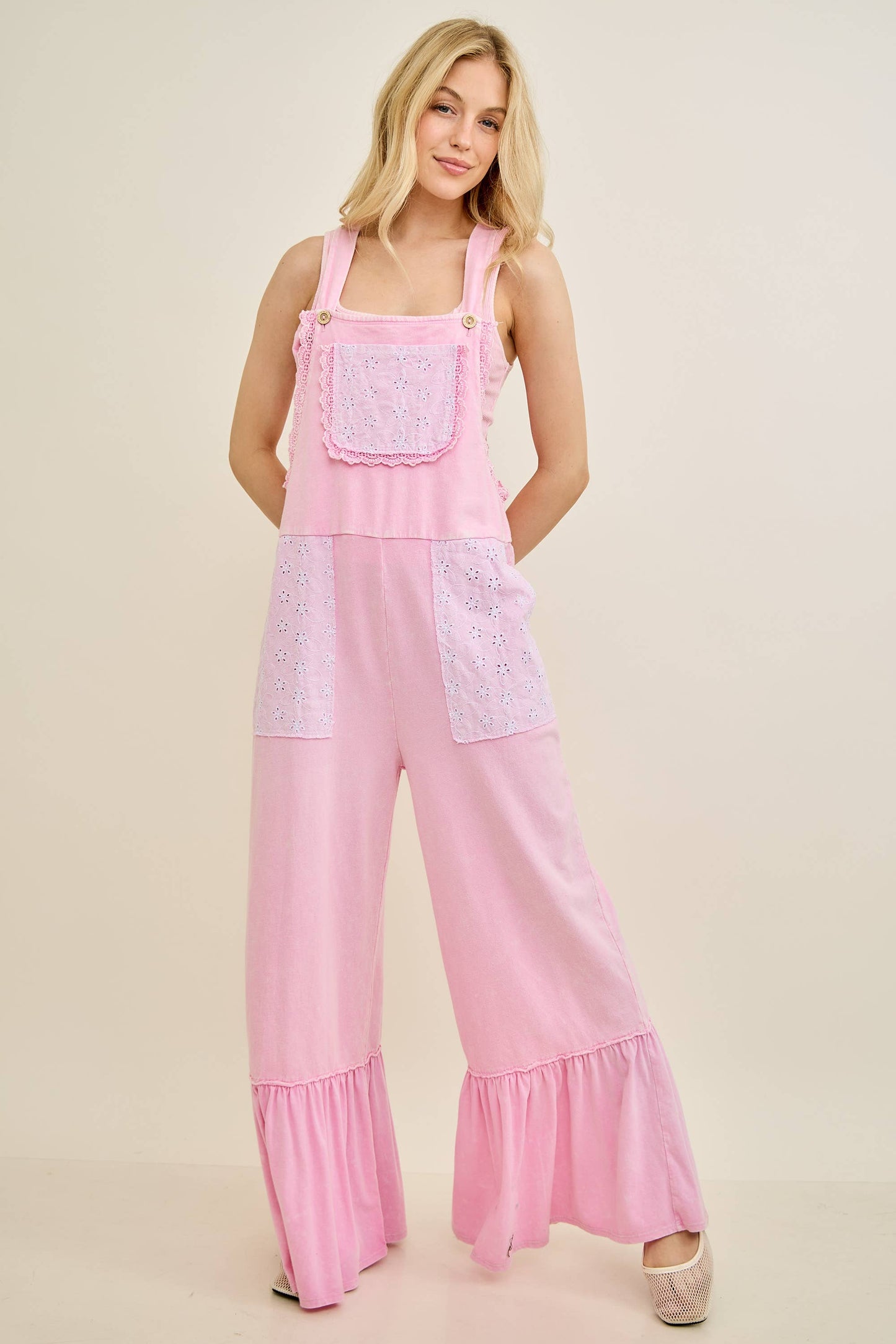 Mineral Washed Tea Party Ruffle Jumpsuits HJ7065