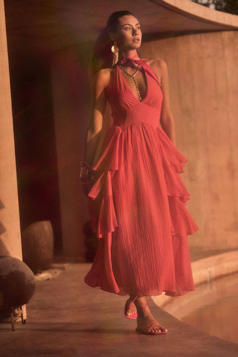 Solid Woven Tiered Ruffle Open-Back Halter Maxi Dress