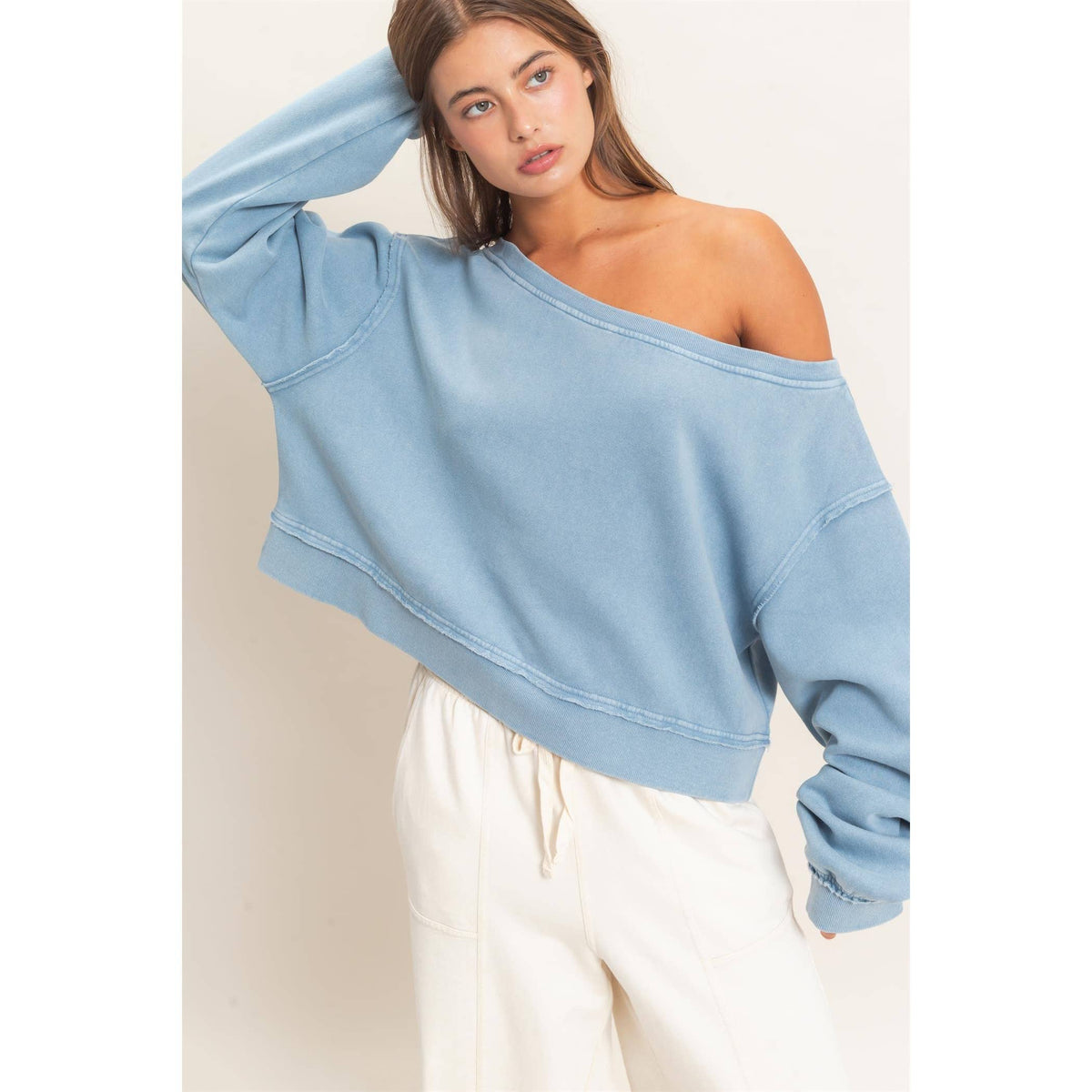 Raw Edge Acid Wash Off The Shoulder Sweatshirt