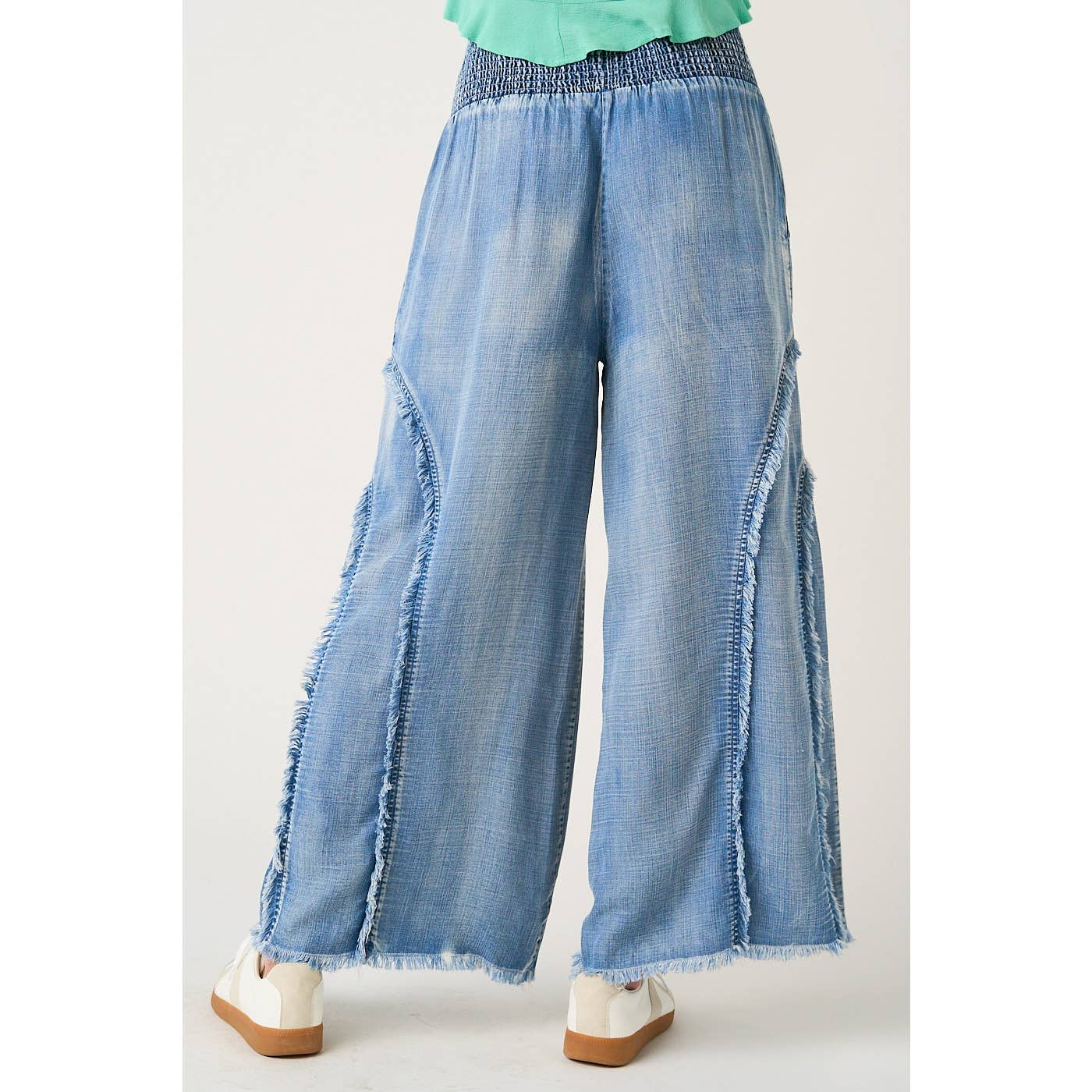 WASHED CHAMBRAY SMOCKED FRINGE WIDE LEG PANTS