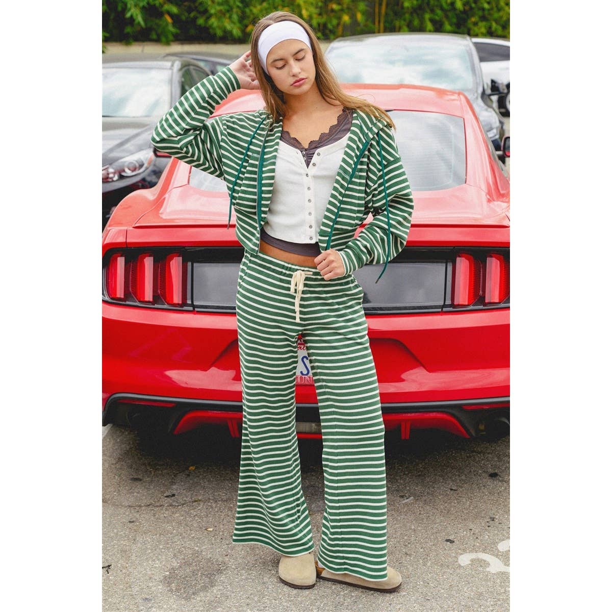 Low Rise Striped Waffle Knit Pants