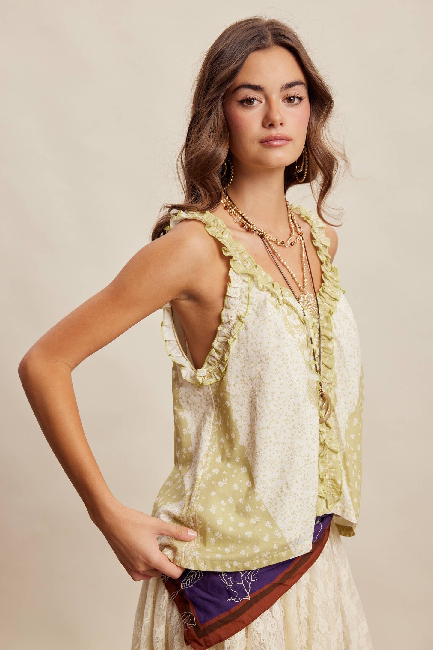 Ruffle Trim Patchwork Tank Top LT1466