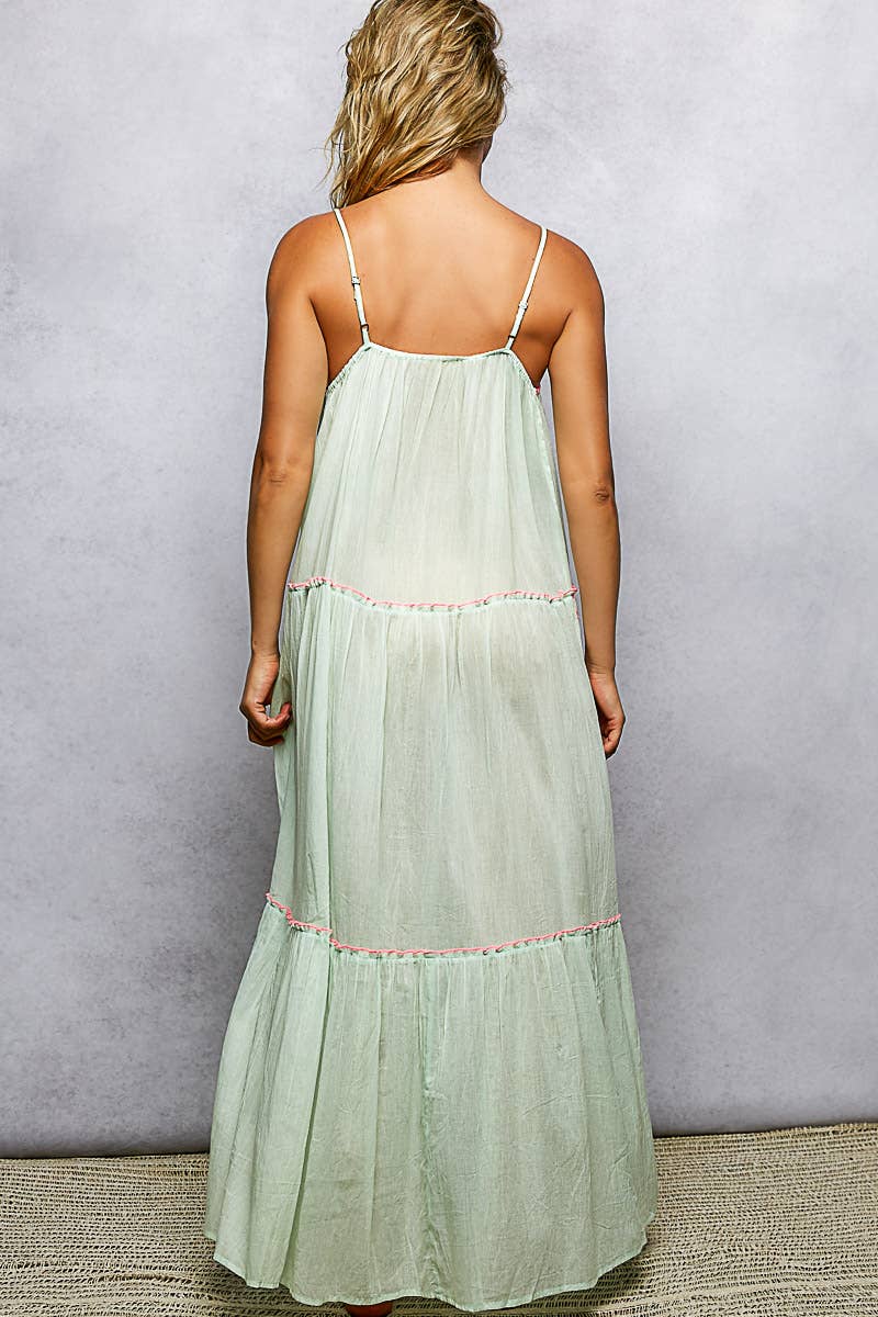 Sleeveless Shirring Embroidery Printed Woven Maxi Dress