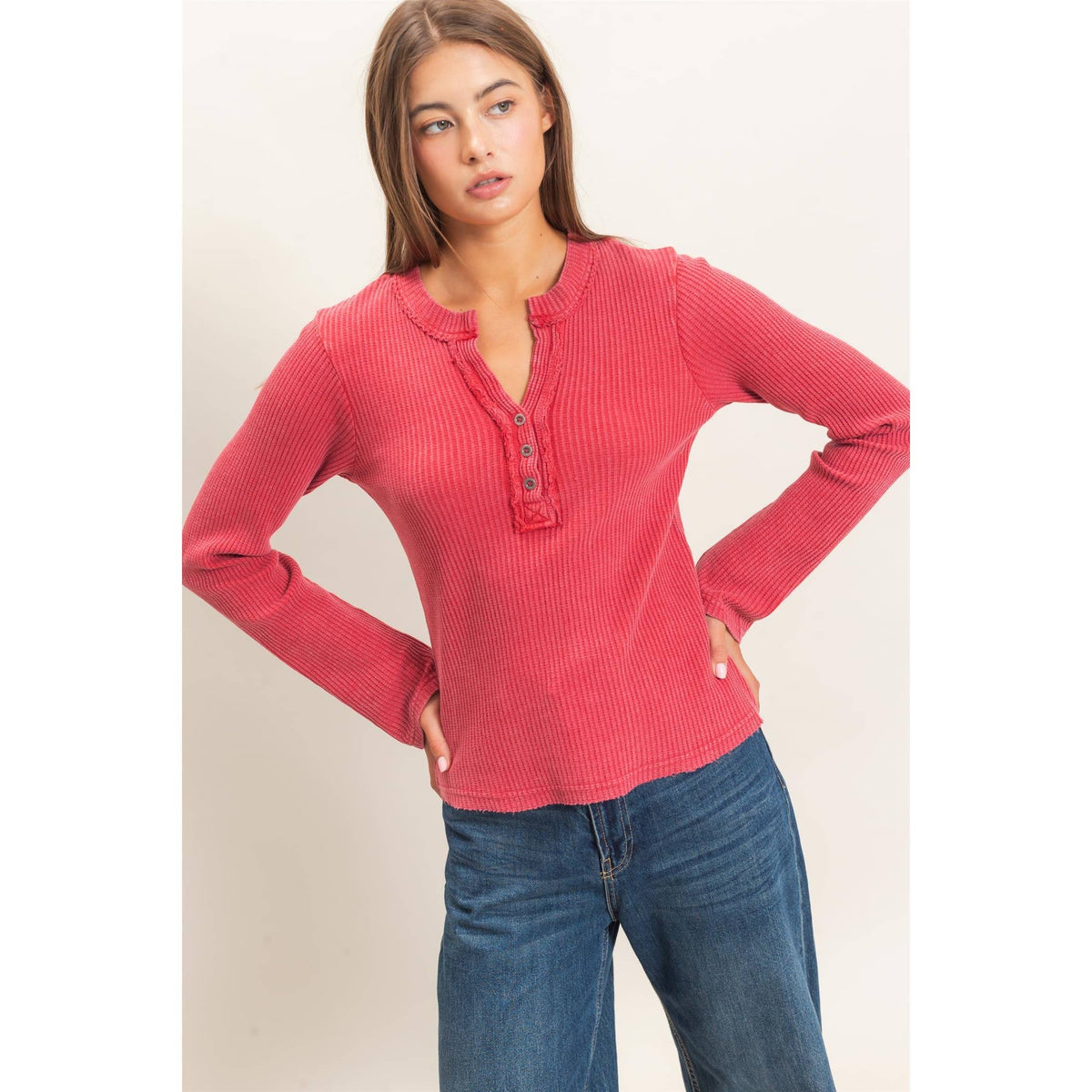 Mineral Wash Waffle Henley Long Sleeve Top