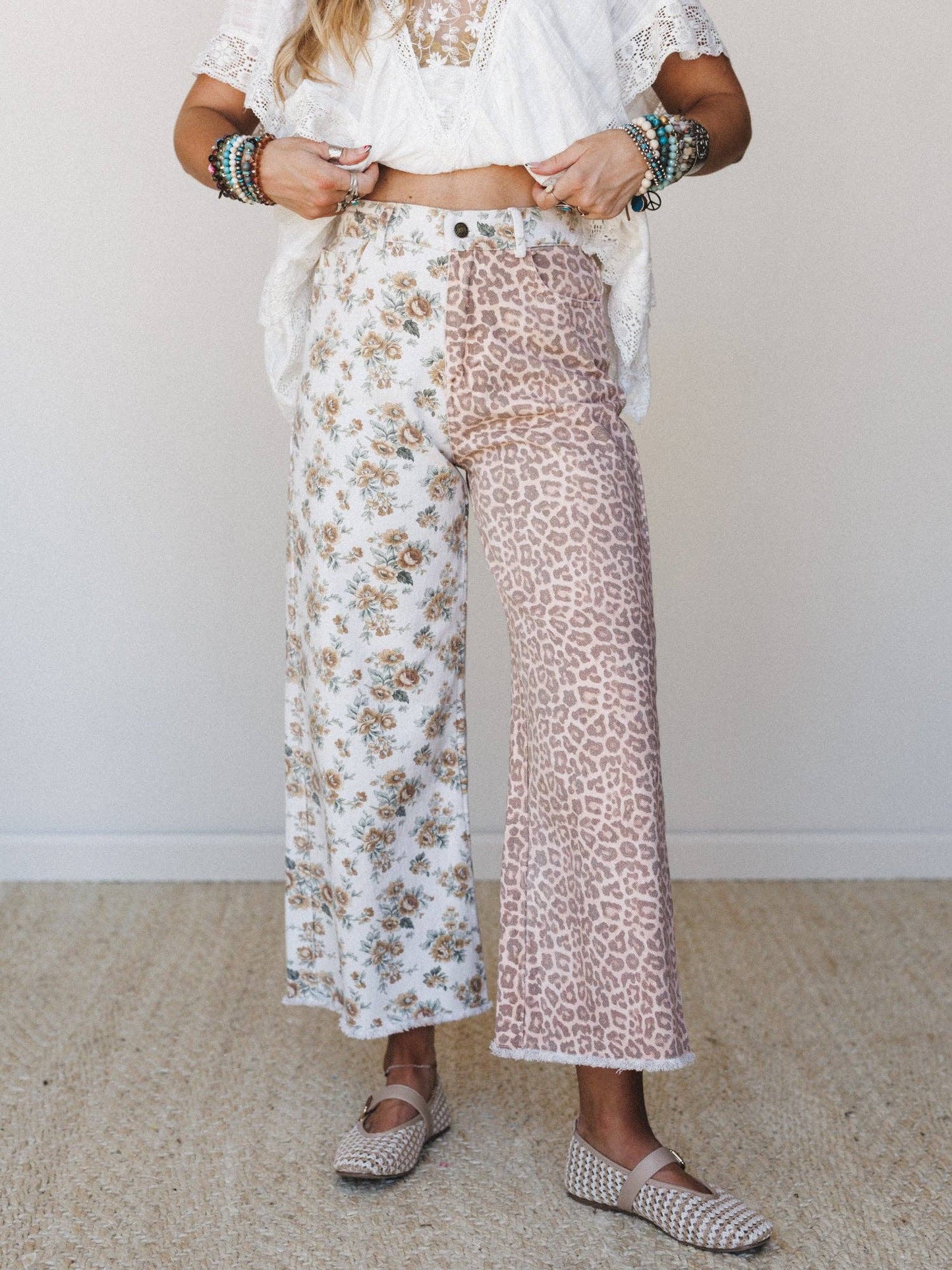 Ezra Mixed Print Wide Leg Jeans - Ivory Multi