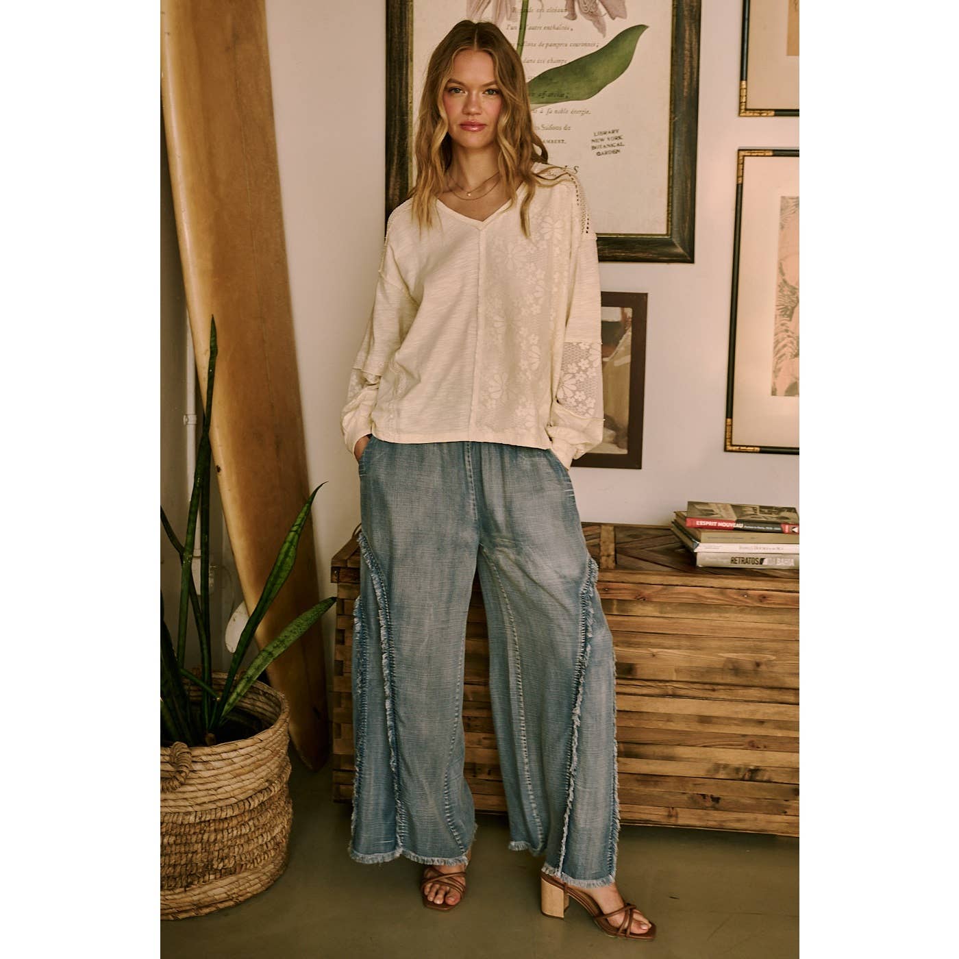 WASHED CHAMBRAY SMOCKED FRINGE WIDE LEG PANTS