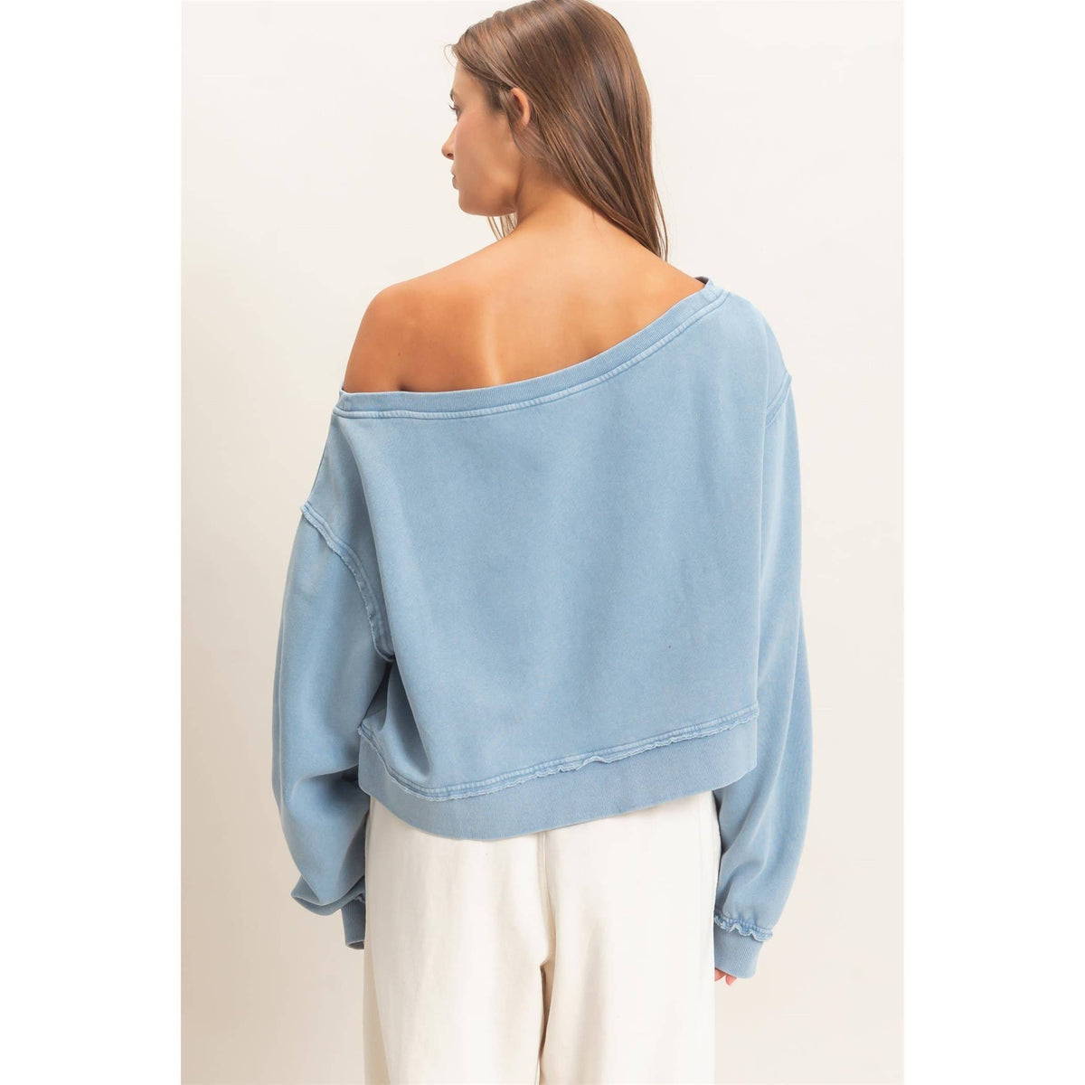 Raw Edge Acid Wash Off The Shoulder Sweatshirt