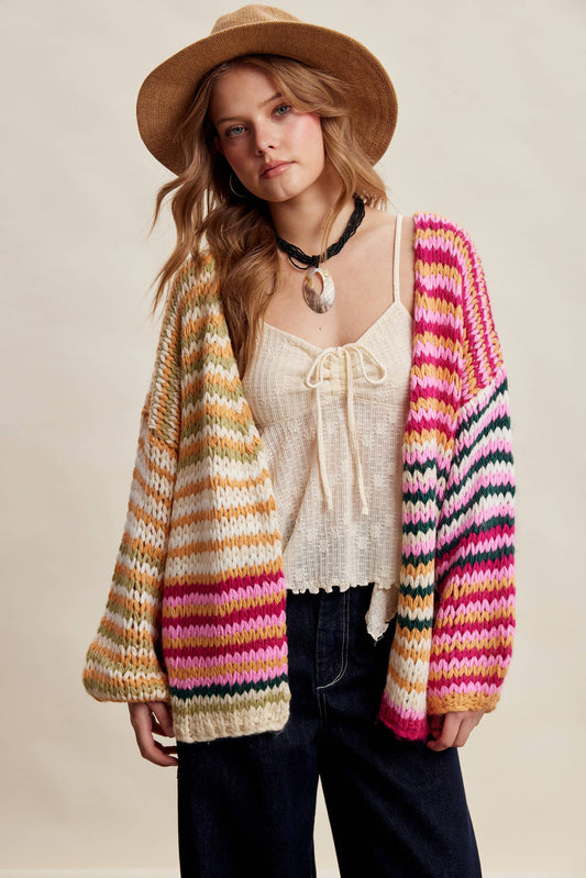 Chunky Multi Stripe Knit Cardigan LSW0731