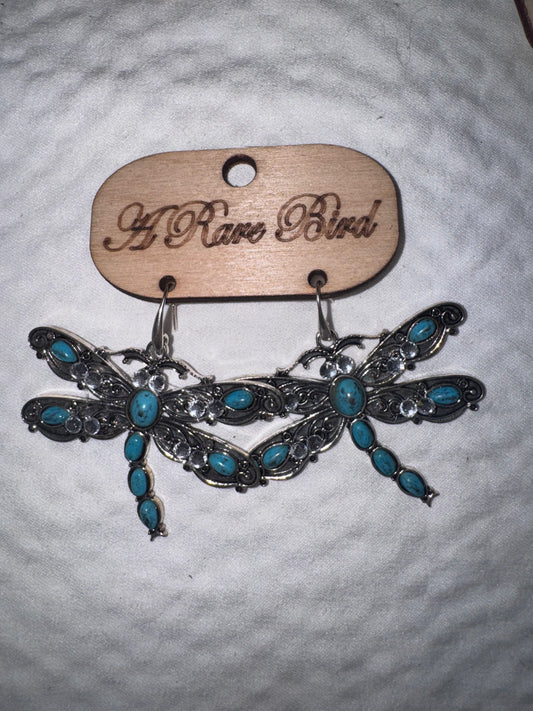 Silver tone dragonfly with Turquoise Earrings