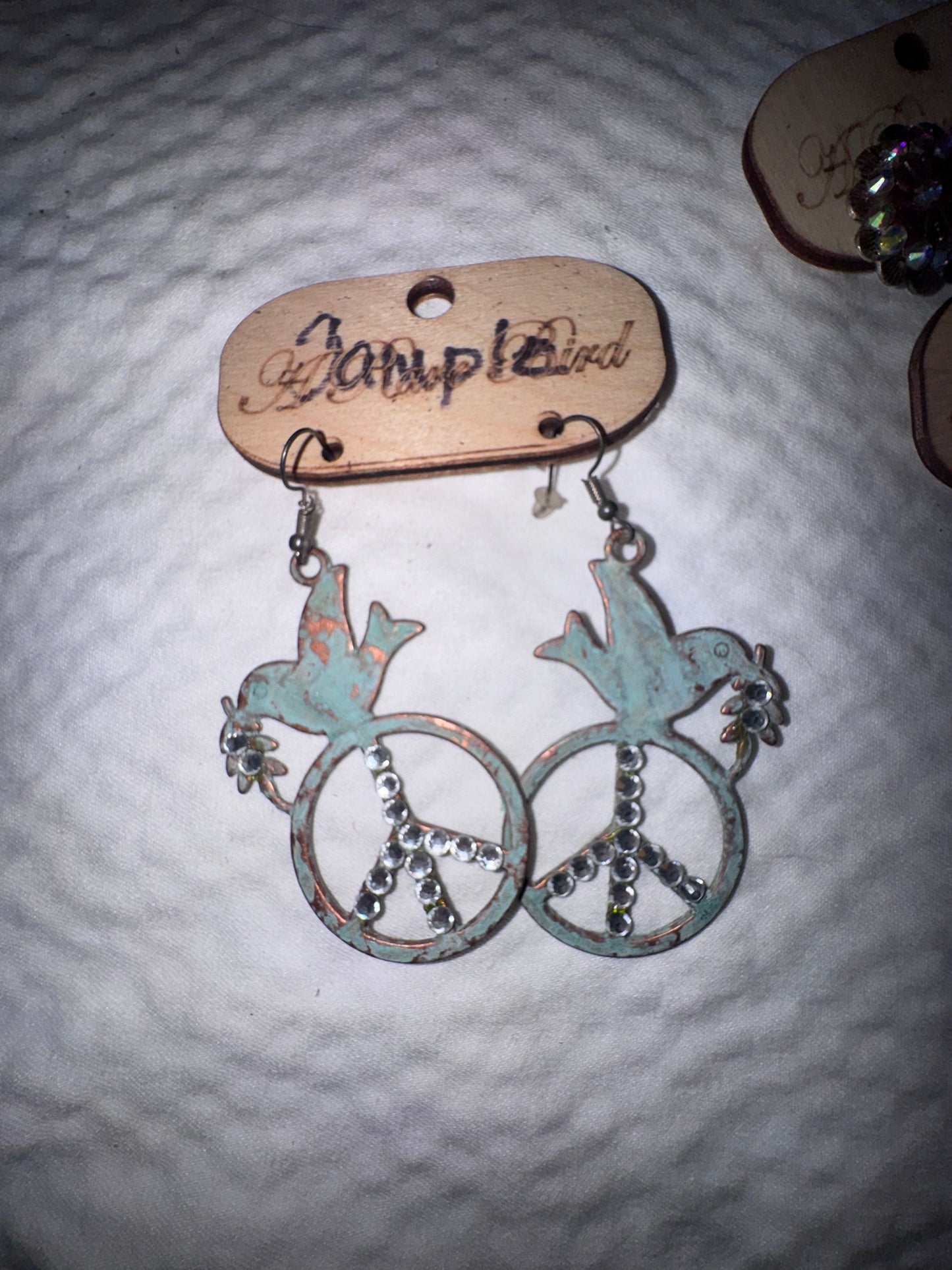 Patina metal Peace Sign with Dove Earrings