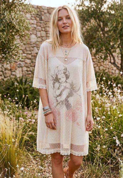 ANGEL PRINTED TERRY DOTTED MESH LAYERED DRESS