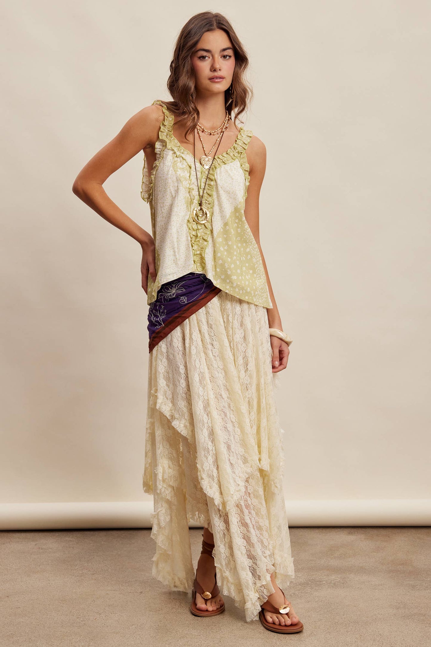 Ruffle Trim Patchwork Tank Top LT1466