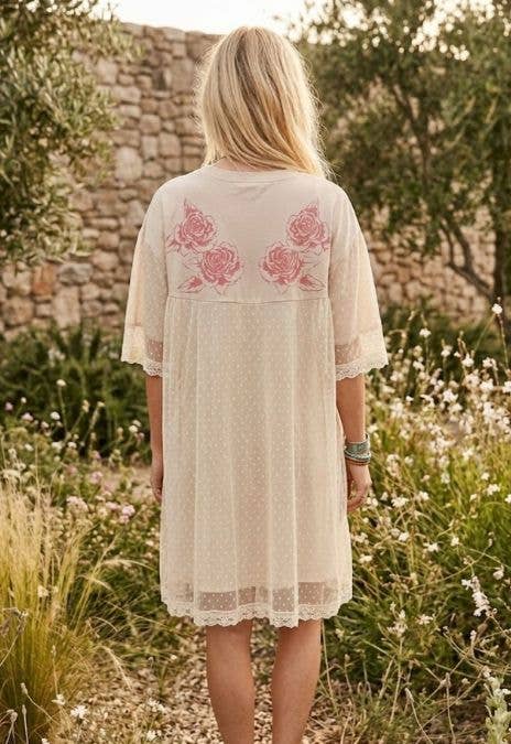 ANGEL PRINTED TERRY DOTTED MESH LAYERED DRESS