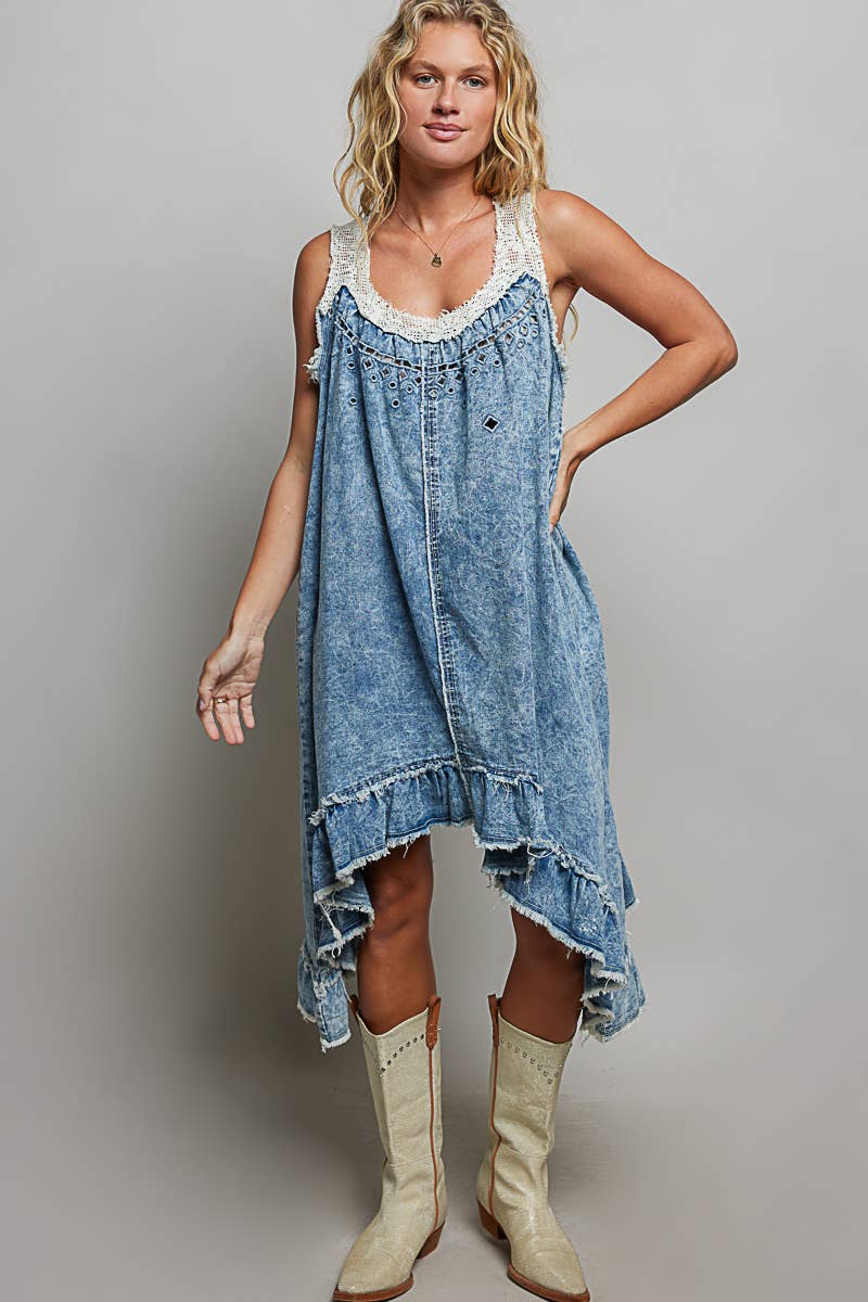 Crochet Patch Sleeveless Solid Crafted Denim Casual Dress