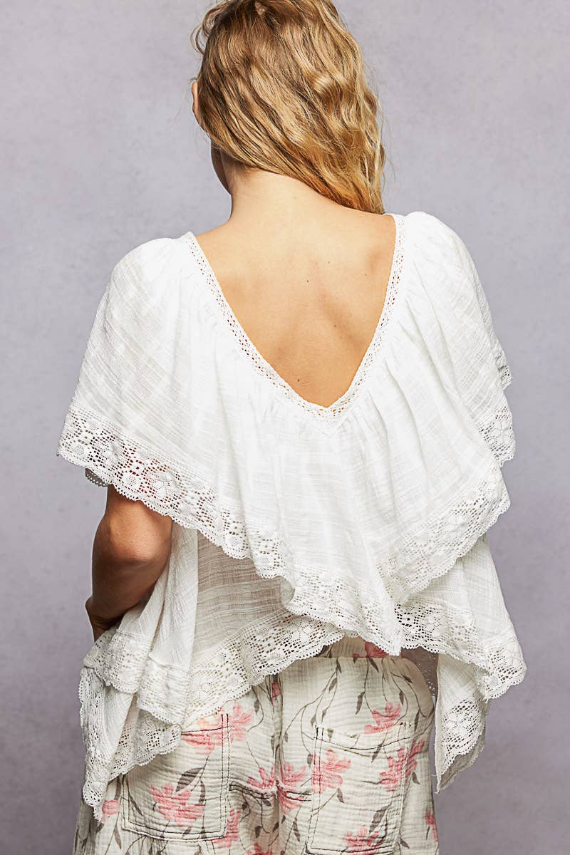 Lace Trim V Ruffle Detail Textured Woven Short Sleeve Top