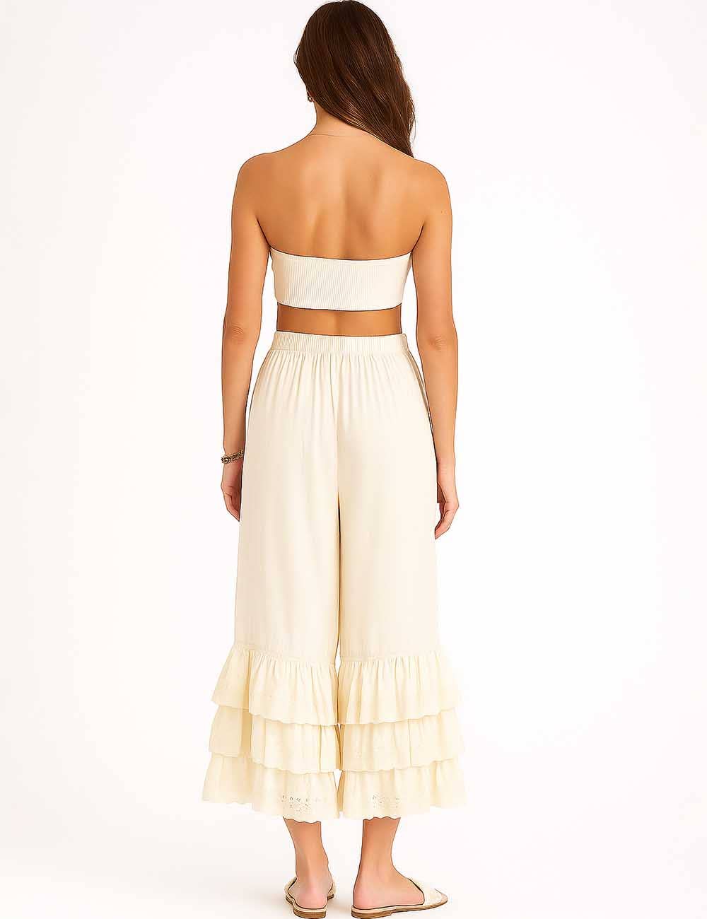 Ladies Solid Color Elastic Waist Pull -On Tiered Ruffle Pants
