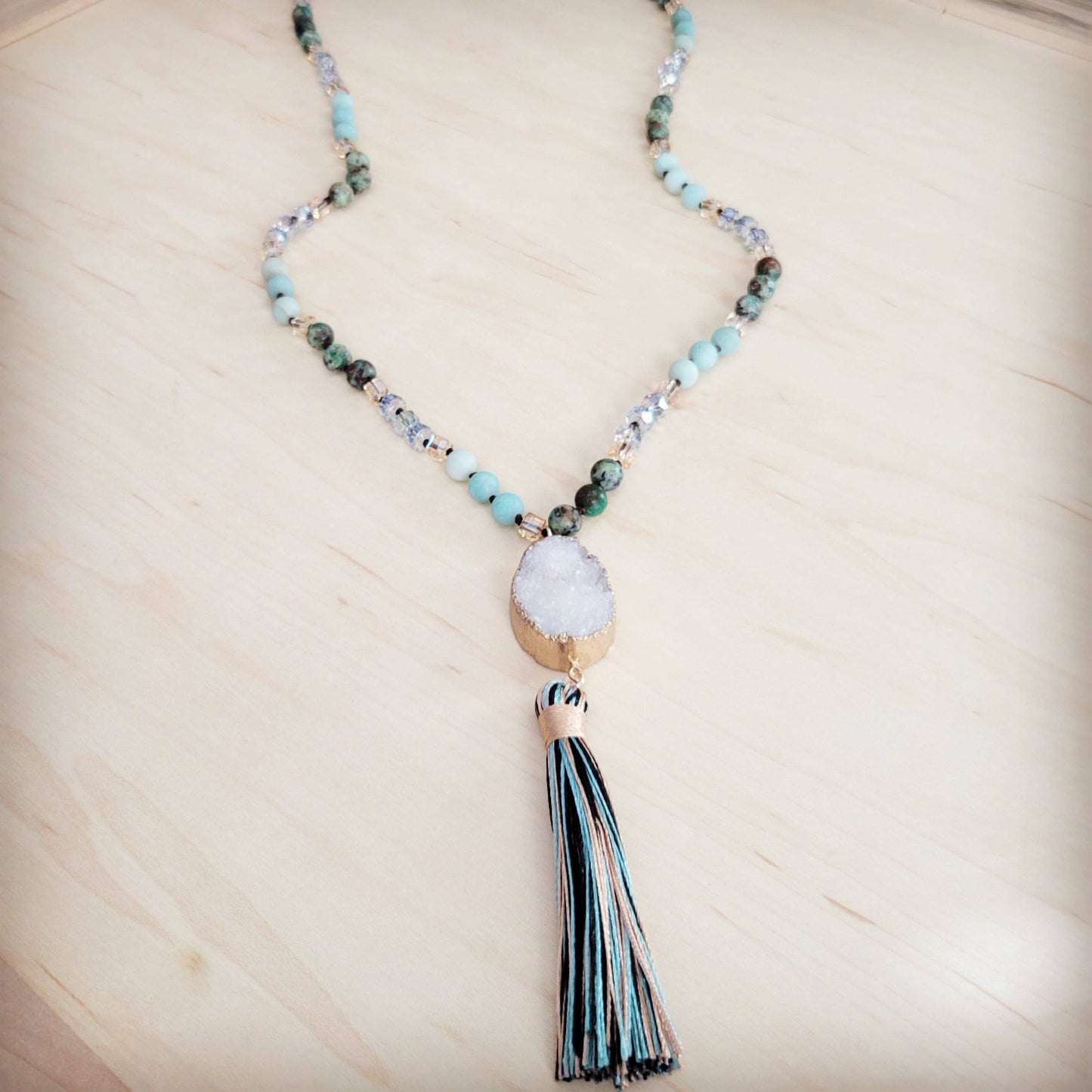 Long Amazonite Necklace with Genuine White Druzy Pendant  262j