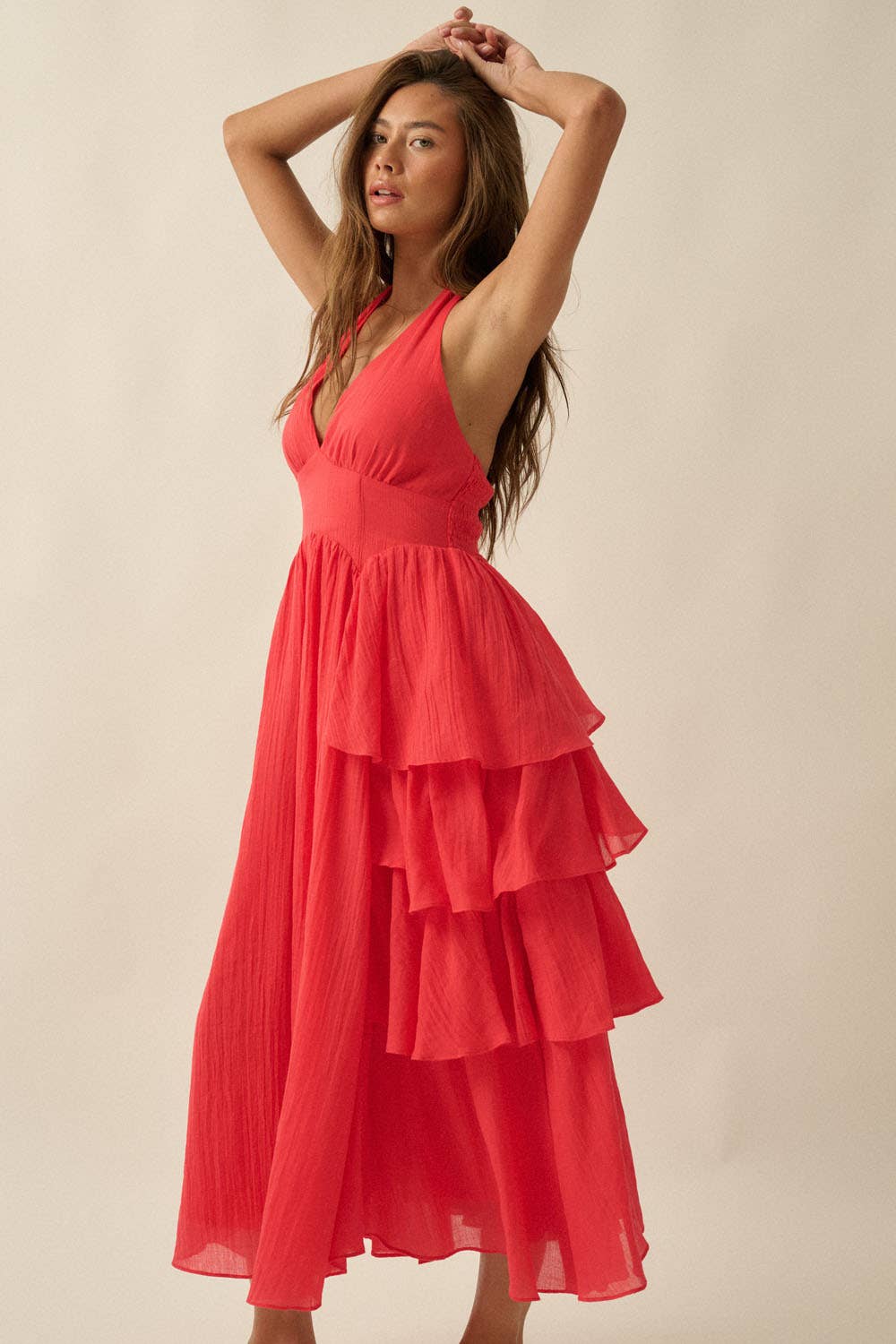 Solid Woven Tiered Ruffle Open-Back Halter Maxi Dress