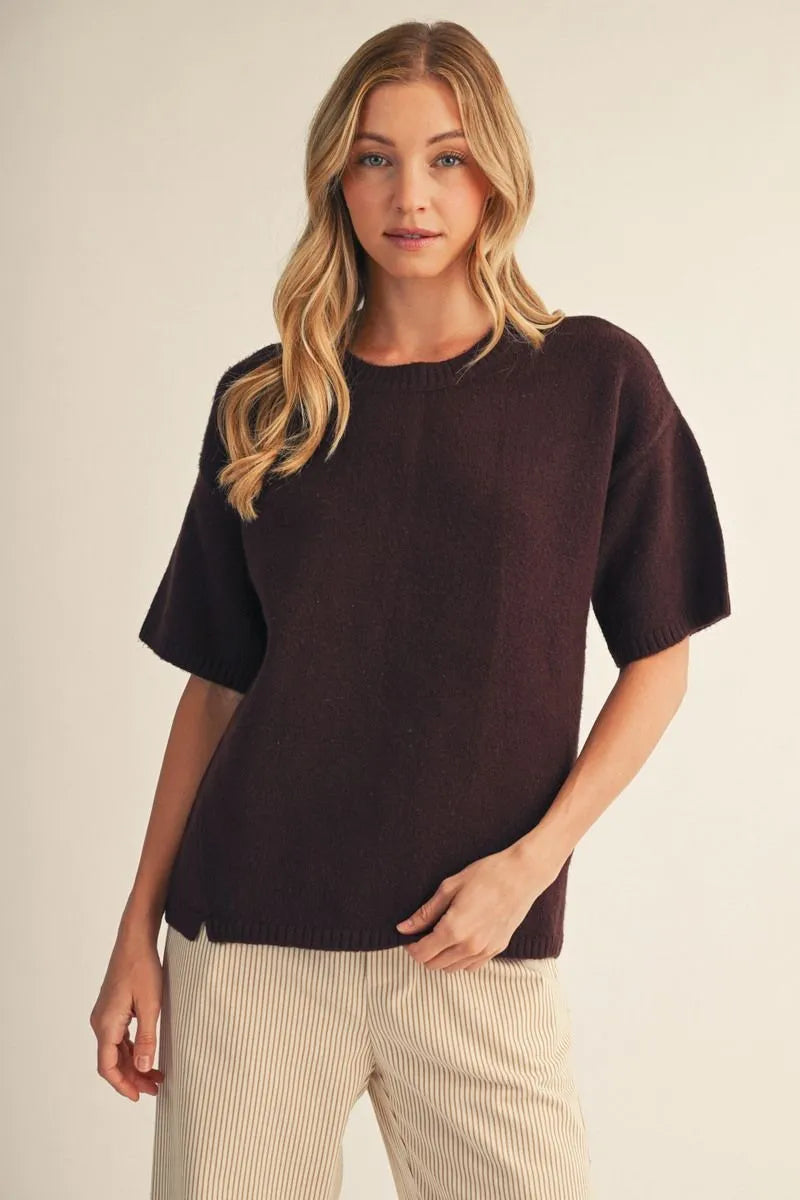 Drop shoulder short sleeves comfy sweater top