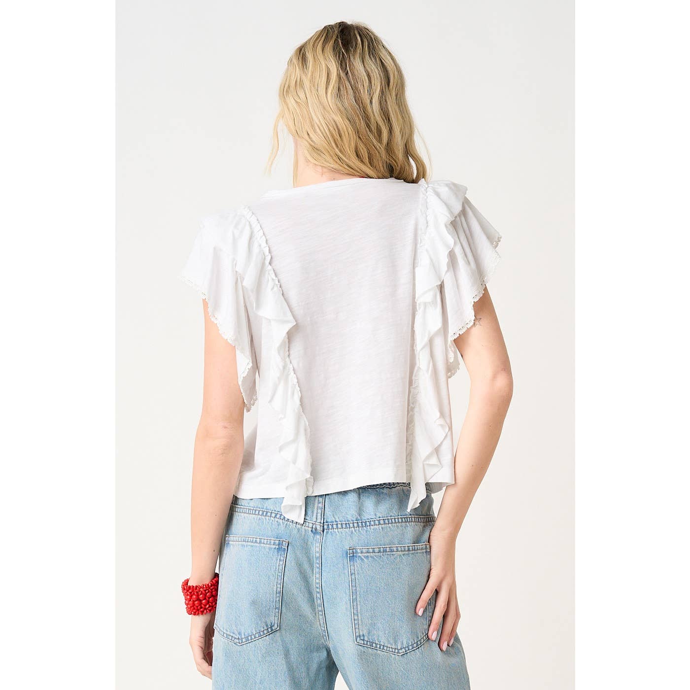 LACE AND RUFFLE ROUND NECK SHORT SLEEVE TOP