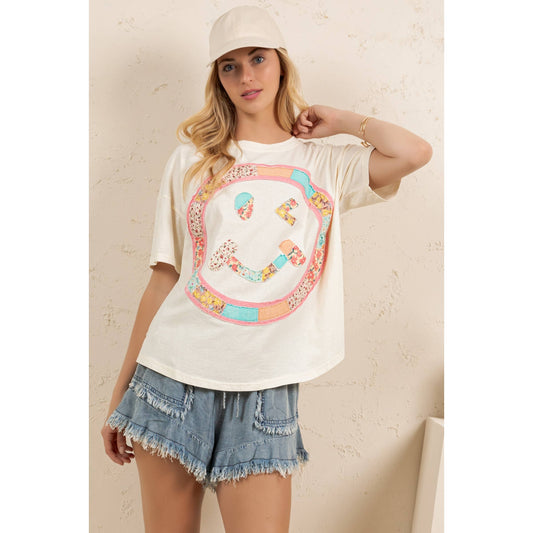BOHO PATCHWORK SMILEY TEE (ST7737)
