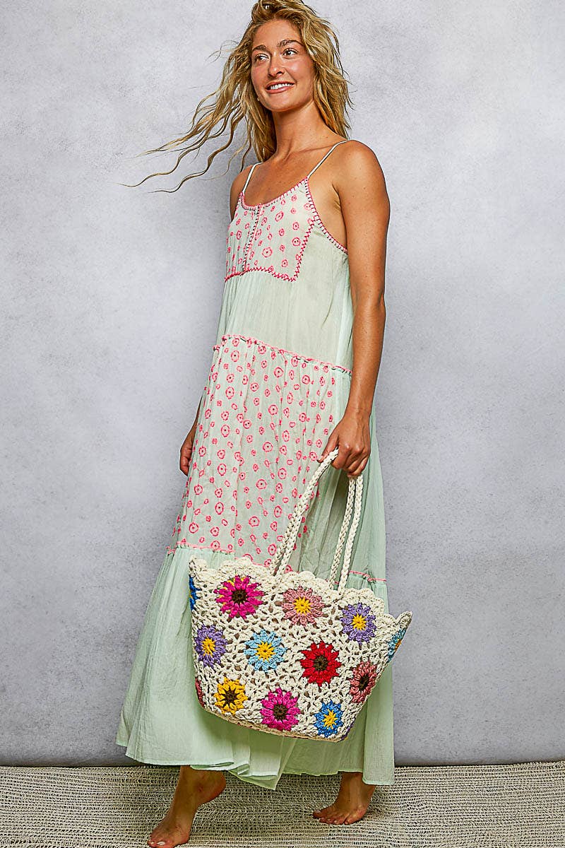 Sleeveless Shirring Embroidery Printed Woven Maxi Dress