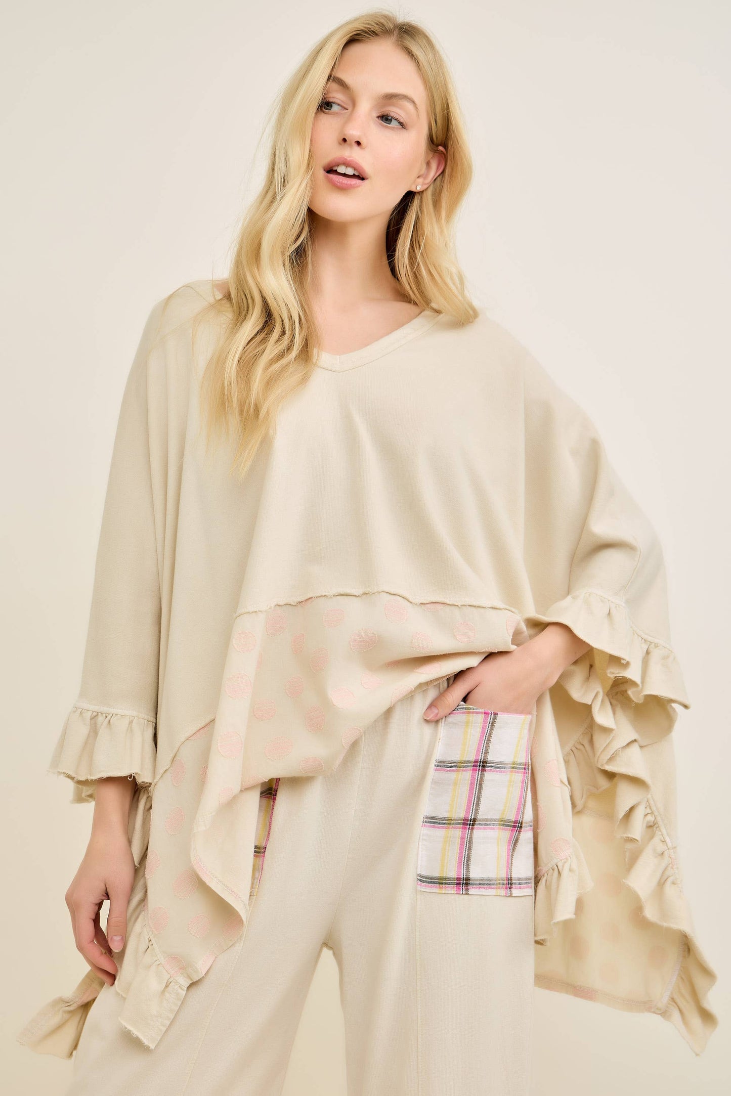 Mineral Washed Boho Polkadot Ruffle Poncho top HT7014P1