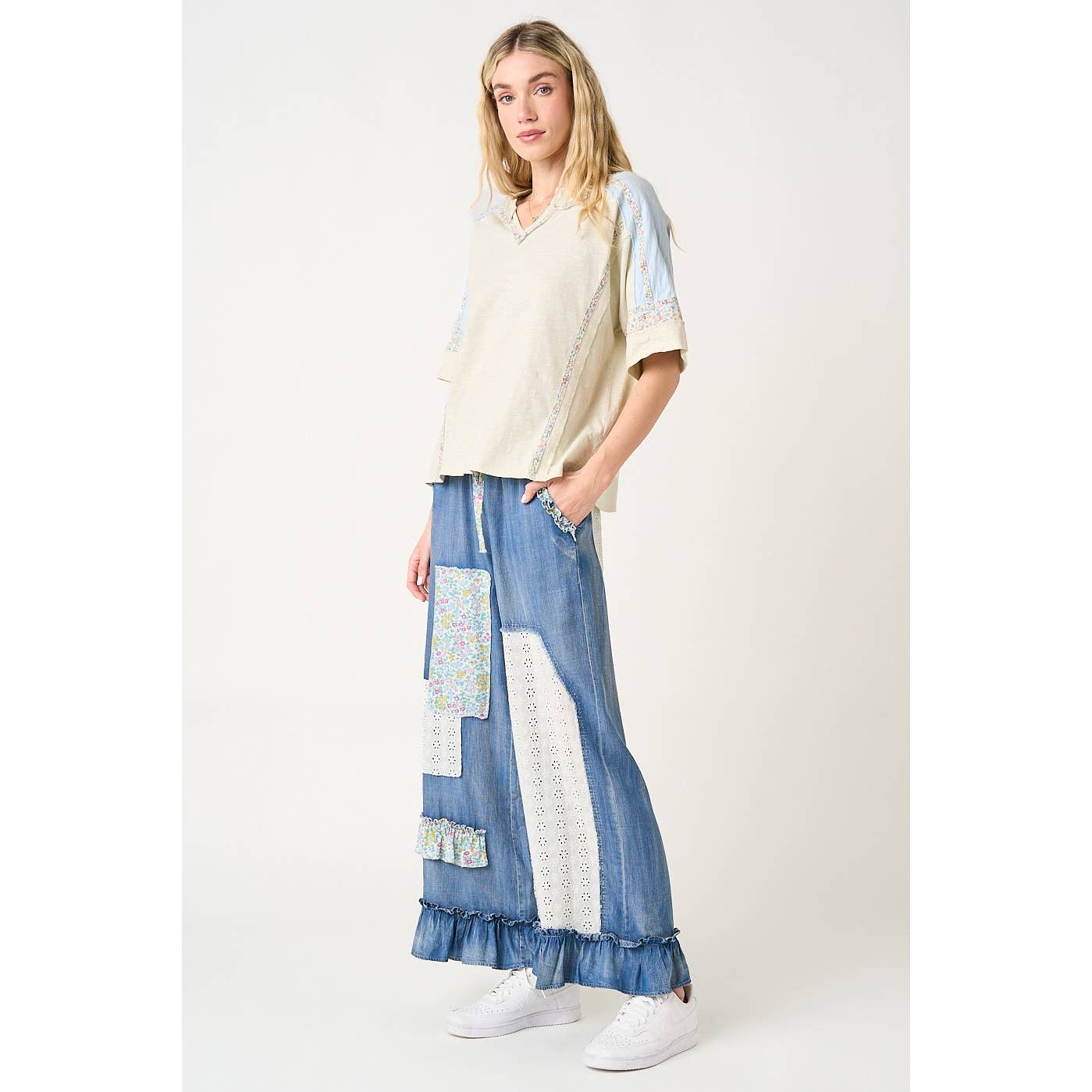 WASHED CHAMBRAY PATCHWORK WIDE LEG PANTS