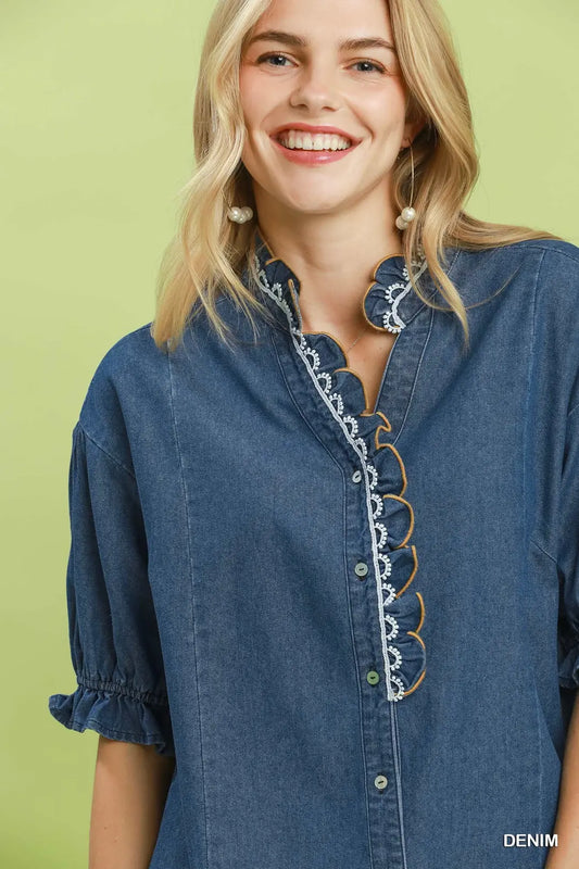 Chambray Scalloped Trim Button Front Blouse