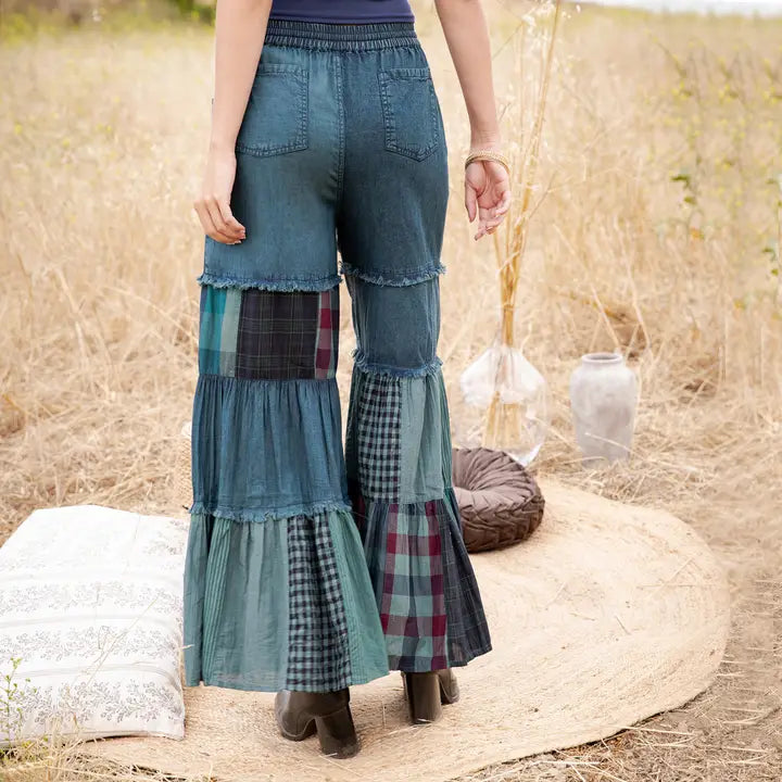 Vintage Mixed Print Denim Patchwork Pants with Frayed Hem