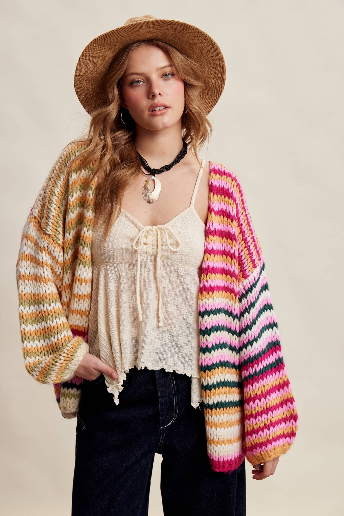 Chunky Multi Stripe Knit Cardigan LSW0731