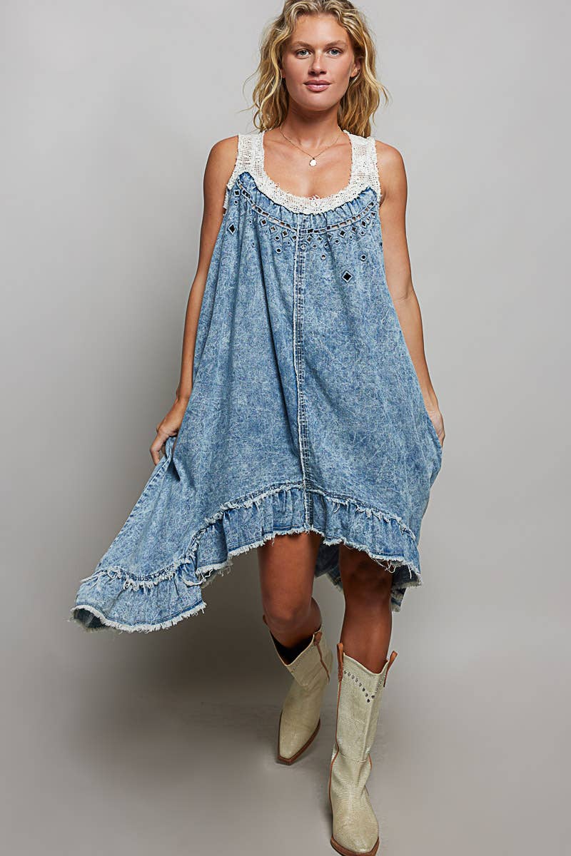 Crochet Patch Sleeveless Solid Crafted Denim Casual Dress