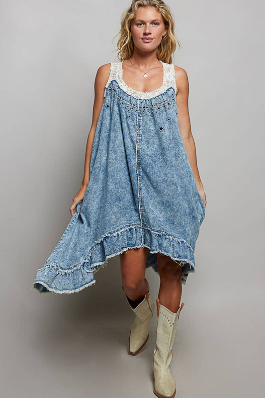 Crochet Patch Sleeveless Solid Crafted Denim Casual Dress