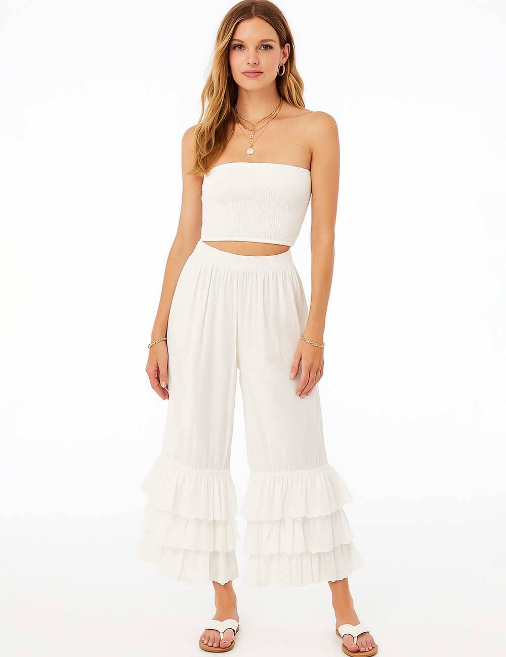 Ladies Solid Color Elastic Waist Pull -On Tiered Ruffle Pants