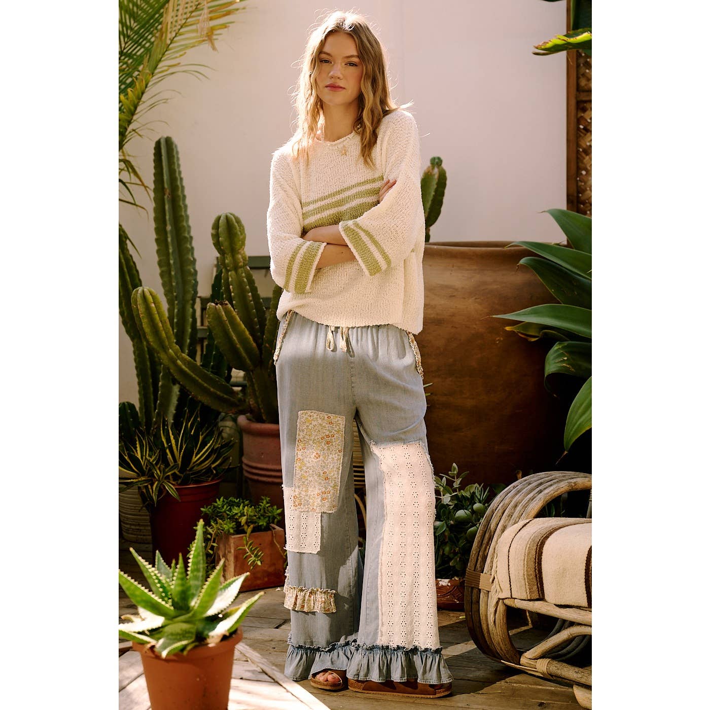 WASHED CHAMBRAY PATCHWORK WIDE LEG PANTS