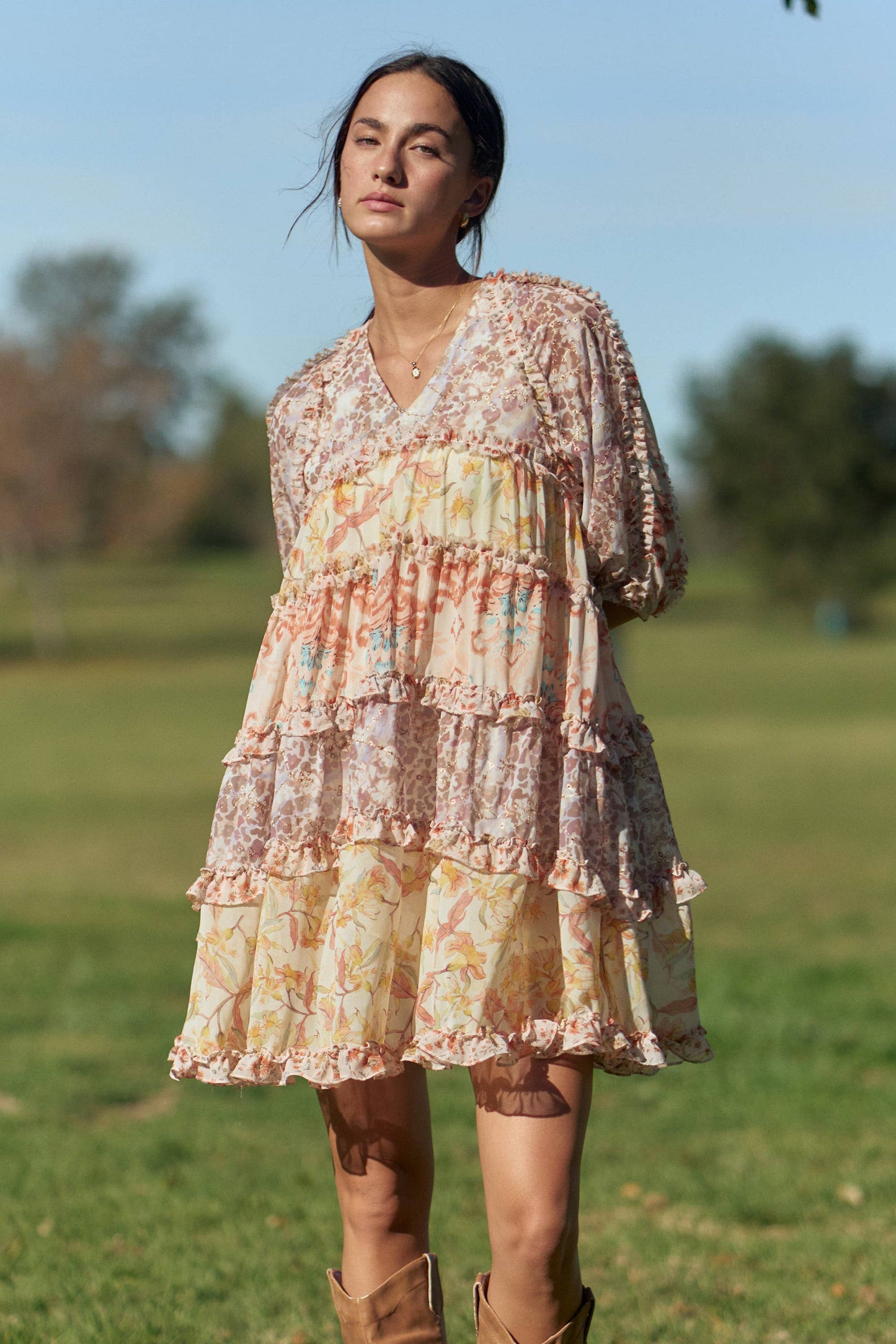 PRINTED CHIFFON MIXED RUFFLE DETAIL TIERED DRESS