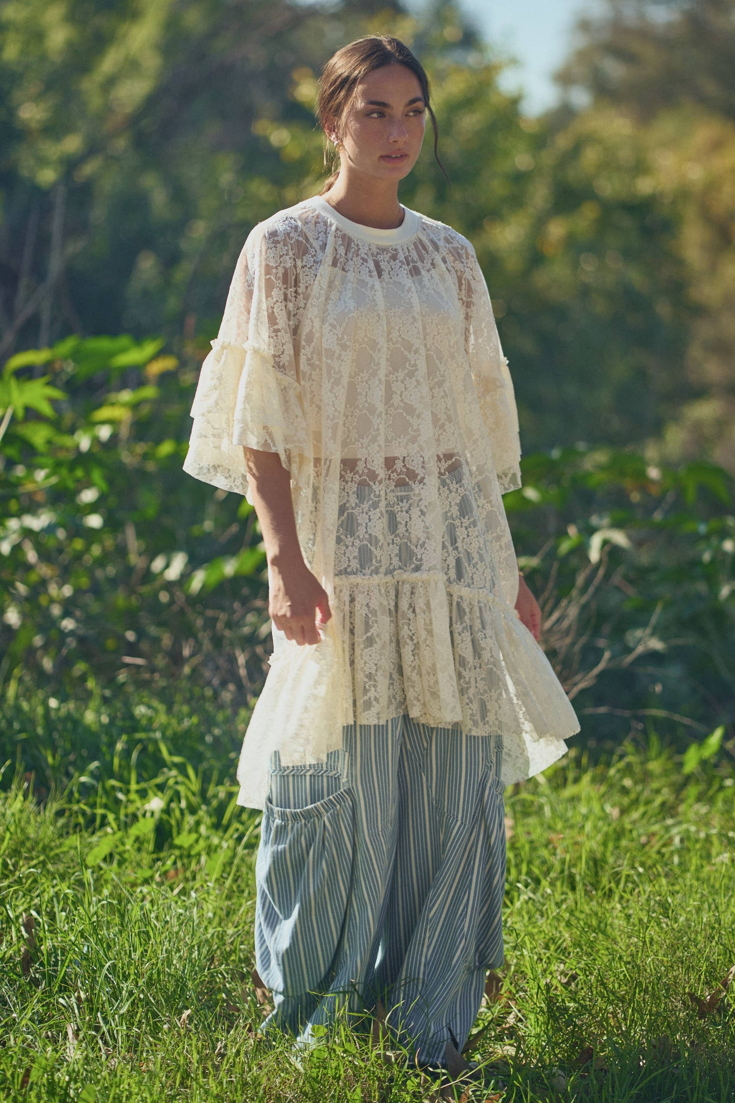 SHEERED LACE TIERED SLEEVE FLOWY TUNIC TOP